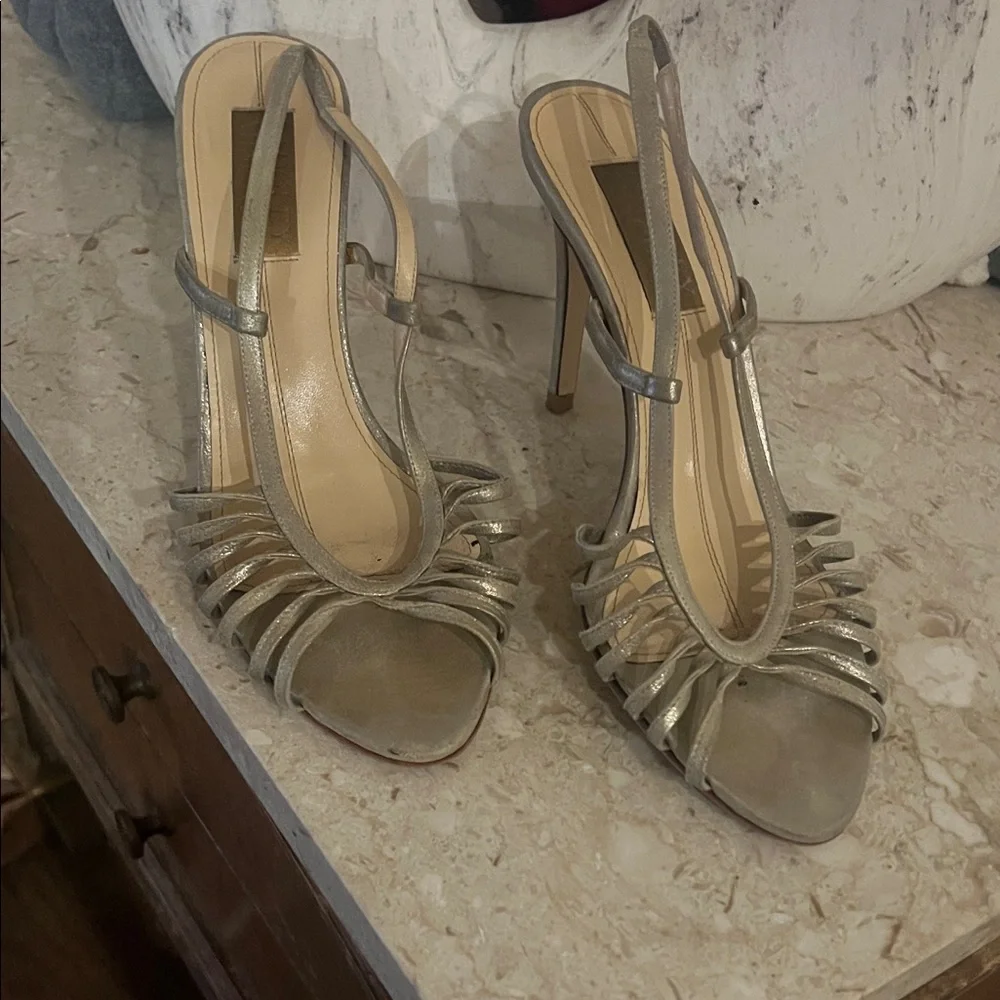 Badgley Mischka Metallic Silver Strappy Heels - Picture 1 of 4